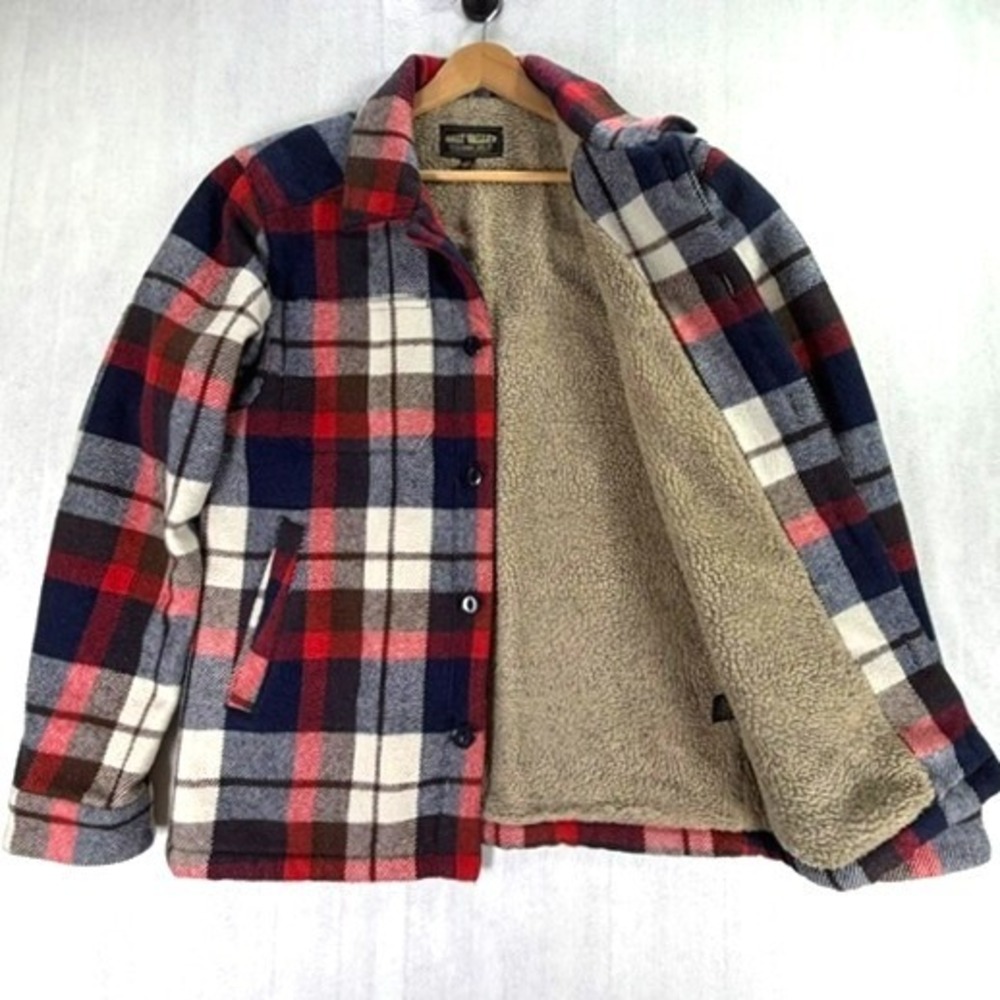 Salt Valley Mens S Sherpa Lined Wool Blend Shirt Jacket Red Blue Plaid